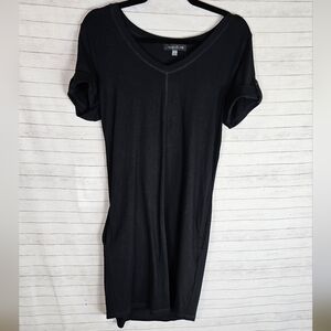 AUGUST SILK BLACK V NECK SHORT SLEEVE SHIFT DRESS, SZ SMALL
